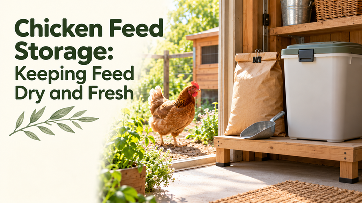 Dry feed-storage setup with a closed container, sealed bag and clean scoop on a raised shelf, with the article title.