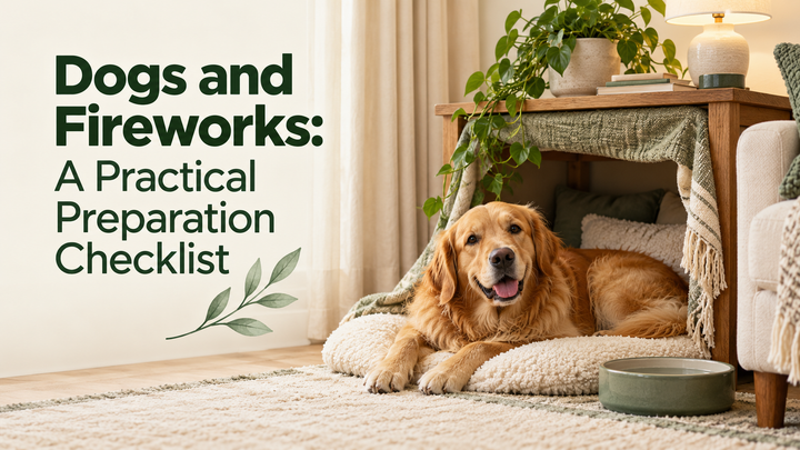Golden retriever beside a familiar open resting area in a bright living room, with the article title.