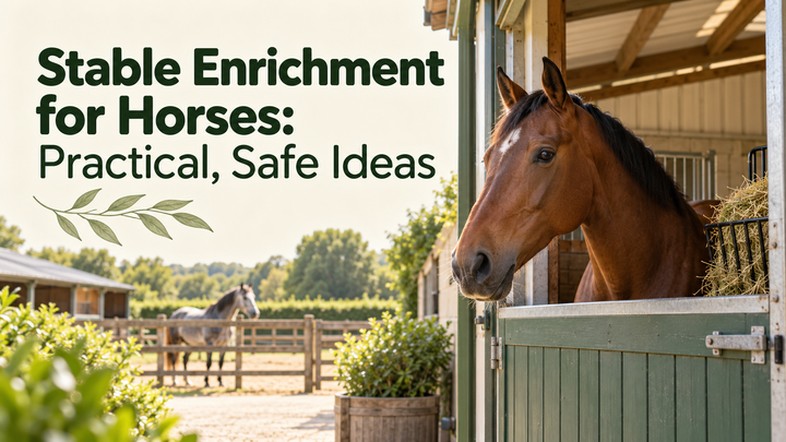 Bay horse in a clean airy stable with a view of another horse, with the article title.