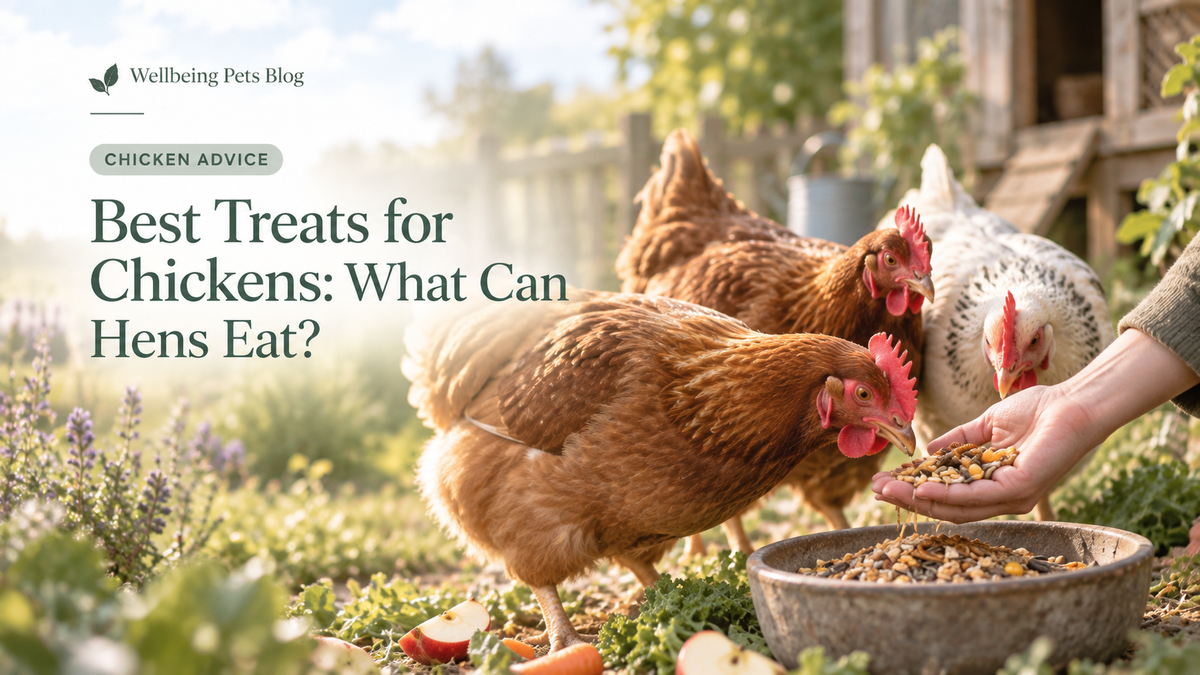 Chickens being offered suitable treats for the Wellbeing Pets chicken treats guide