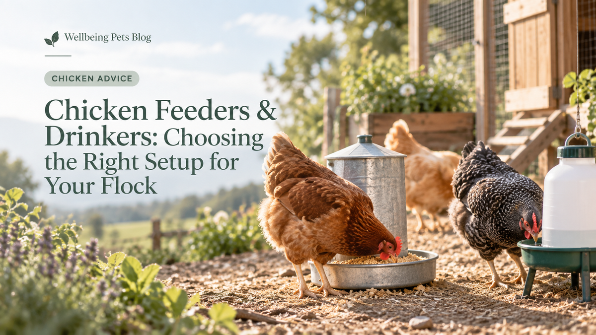 Chickens using feeders and drinkers for the Wellbeing Pets poultry equipment guide