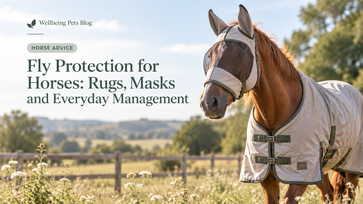 Horse wearing a fly rug and fly mask for the Wellbeing Pets fly protection guide