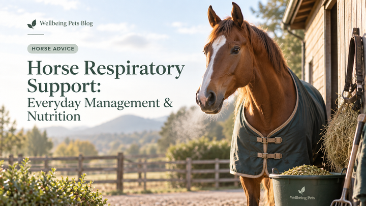Horse in a stable setting with forage for the Wellbeing Pets respiratory support guide