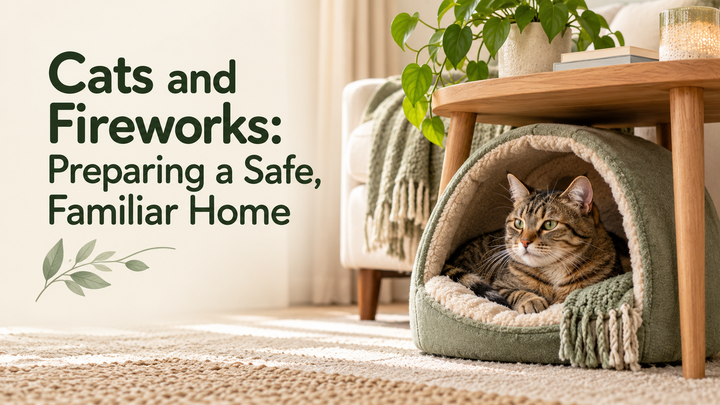 Tabby cat resting in a familiar open hiding space indoors, with the article title.