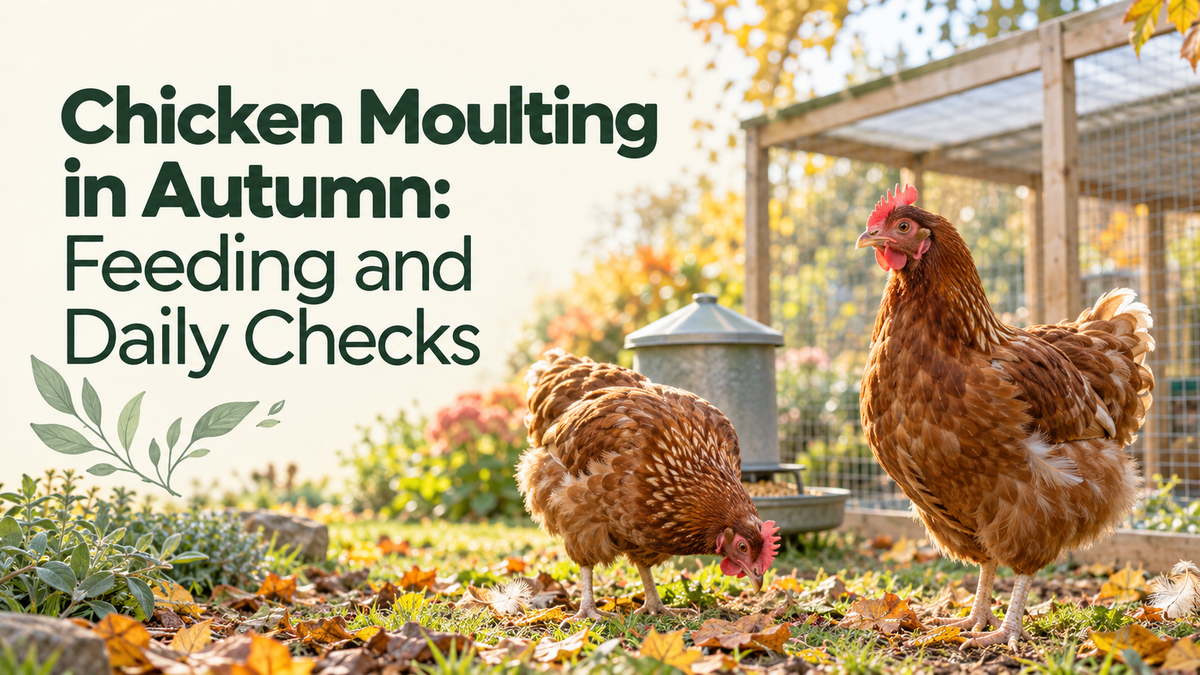 Brown hens beside a dry garden run in autumn, with the article title.