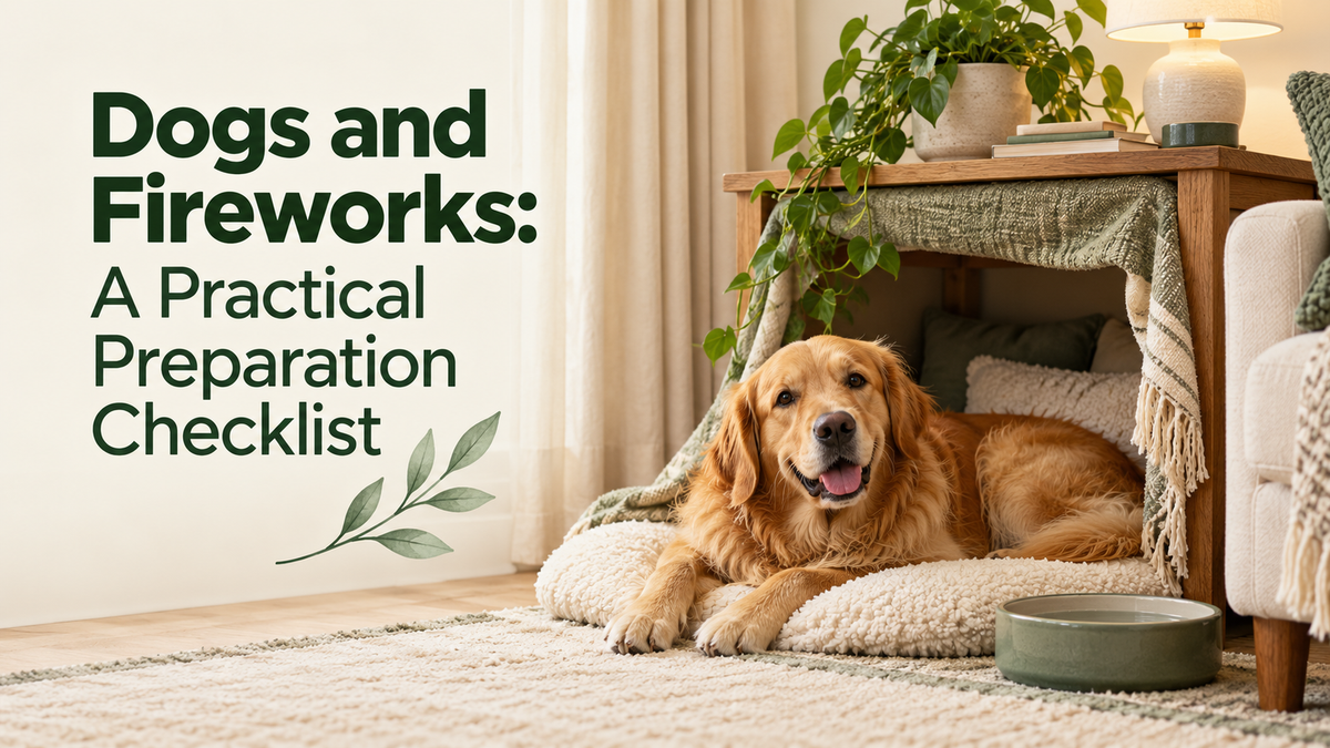 Golden retriever beside a familiar open resting area in a bright living room, with the article title.