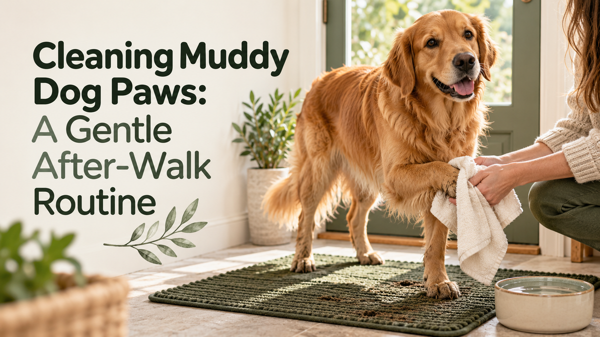 Dog having a muddy paw gently dried with a towel by the entrance, with the article title.