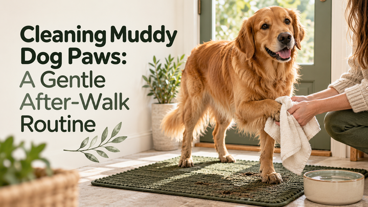 Dog having a muddy paw gently dried with a towel by the entrance, with the article title.