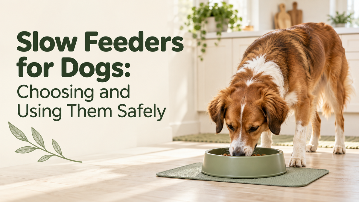 Dog eating from a shallow slow-feeding bowl on a stable mat, with the article title.
