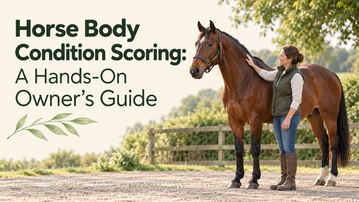 Bay horse standing calmly beside a handler in a tidy yard, with the article title.