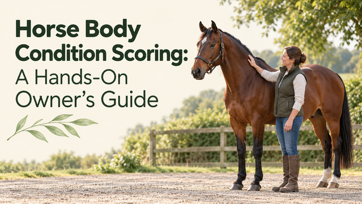 Bay horse standing calmly beside a handler in a tidy yard, with the article title.