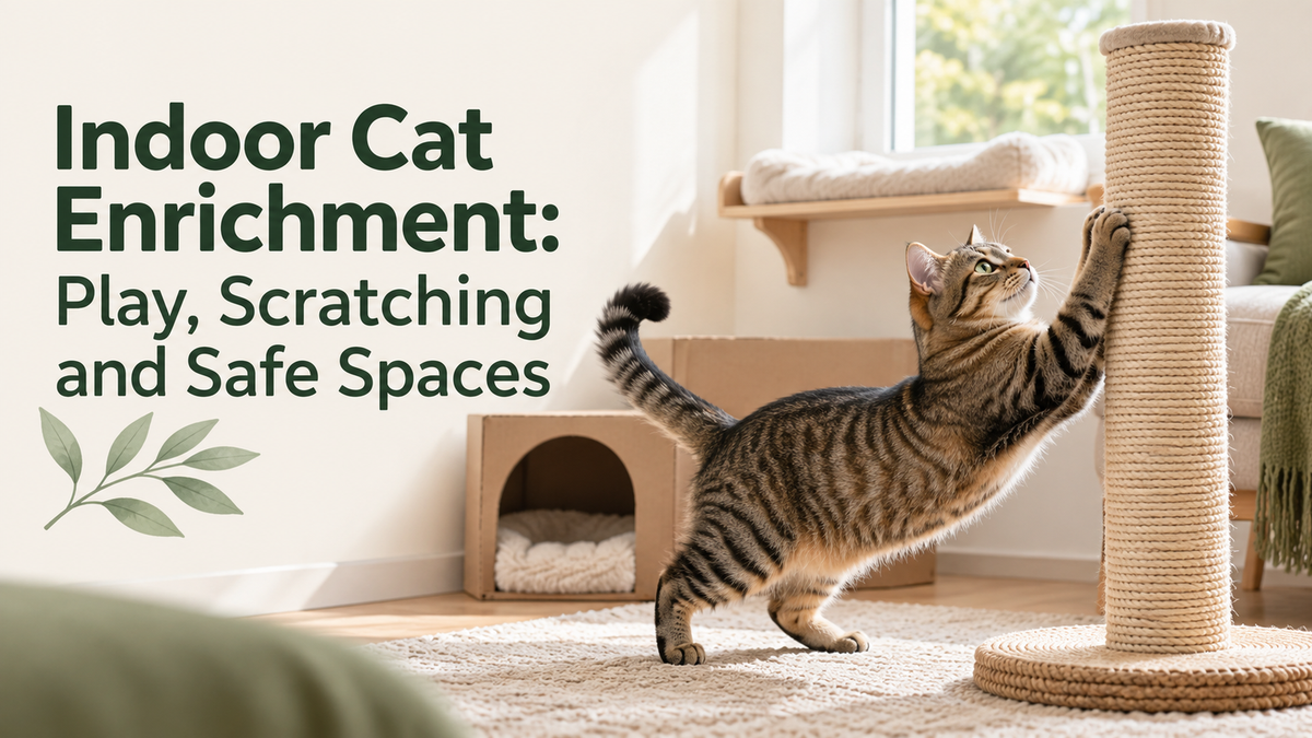 Tabby cat beside a stable scratching post and accessible resting spaces, with the article title.