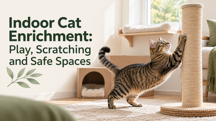 Tabby cat beside a stable scratching post and accessible resting spaces, with the article title.