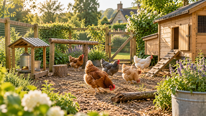 Backyard hens in a spacious secure chicken coop and run