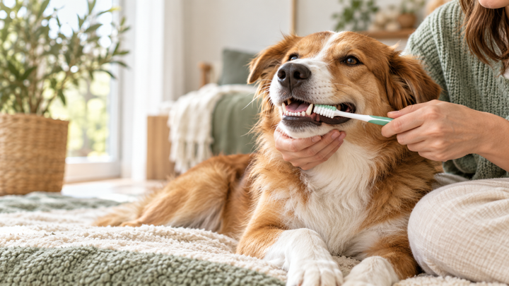 Owner gently brushing a dog's teeth