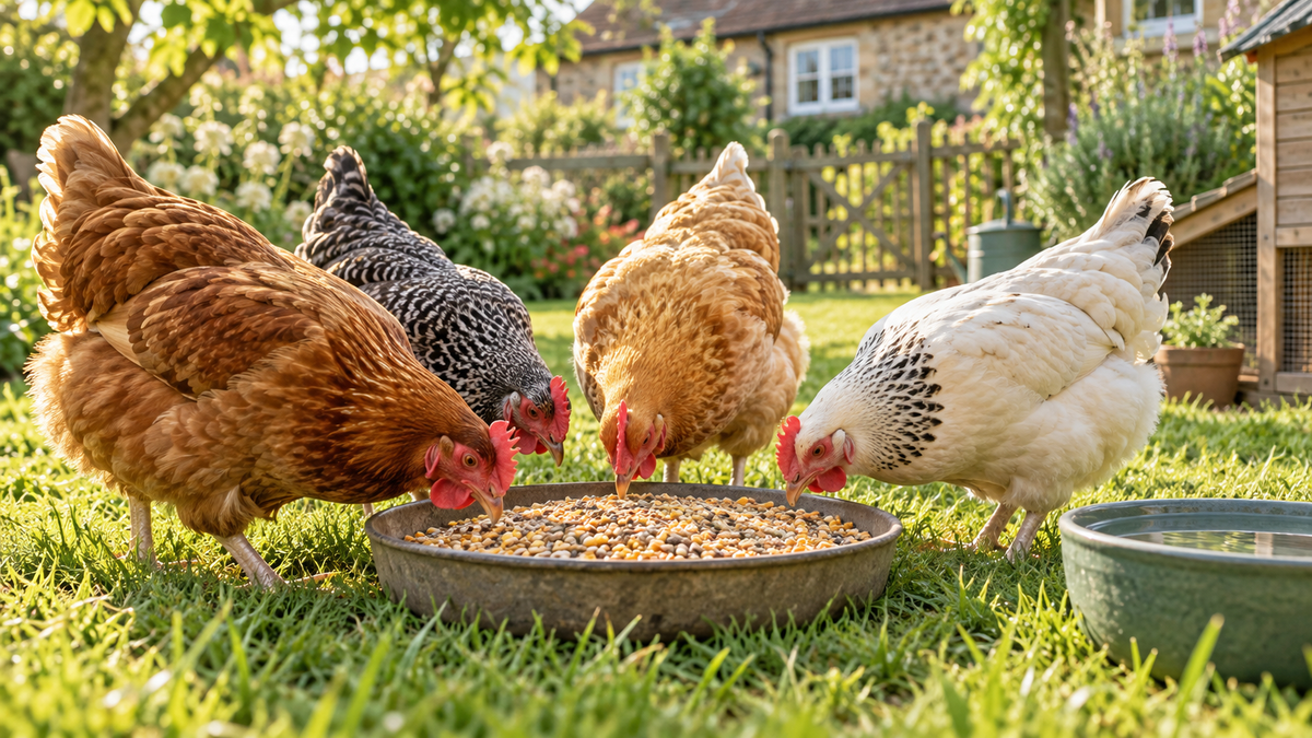 Backyard hens eating feed beside fresh water