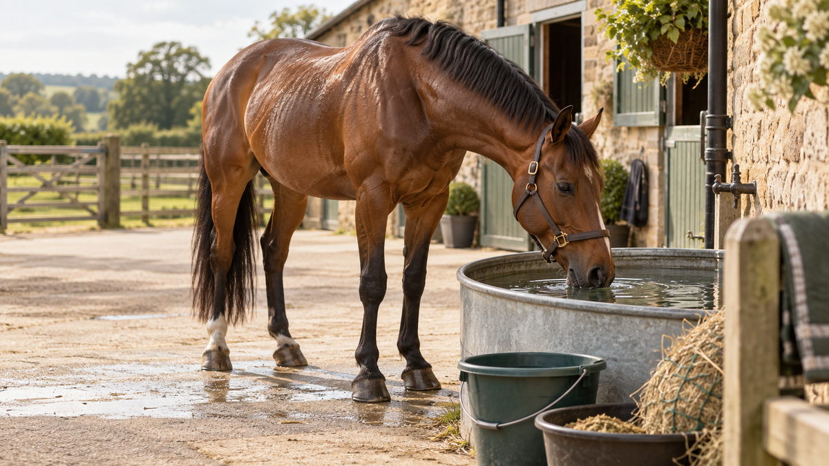 Horse drinking from a water trough