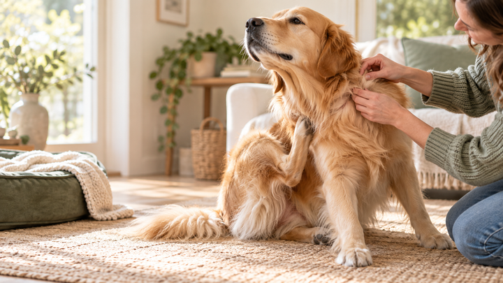Owner checking a dog's coat and skin at home