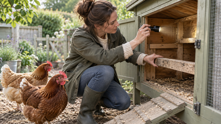 Poultry keeper inspecting a chicken coop for red mite