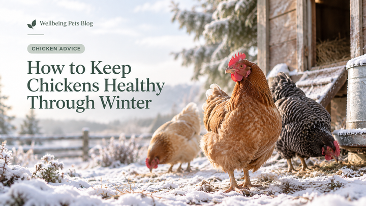 Chickens outside beside a coop in winter for the Wellbeing Pets winter chicken care guide