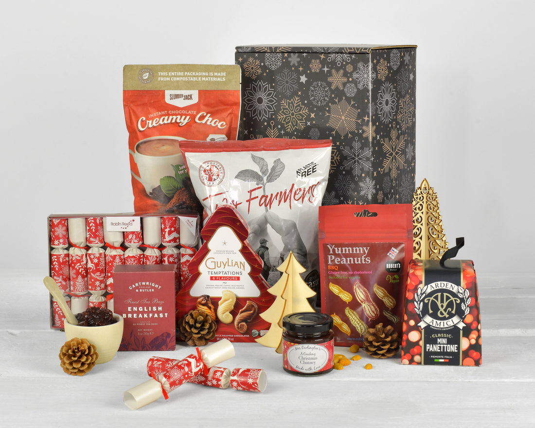 Christmas hamper with seasonal treats and festive packaging