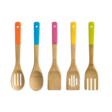 Aleki Natural Bamboo 5 Piece Utensil Set with Multi Coloured Handles