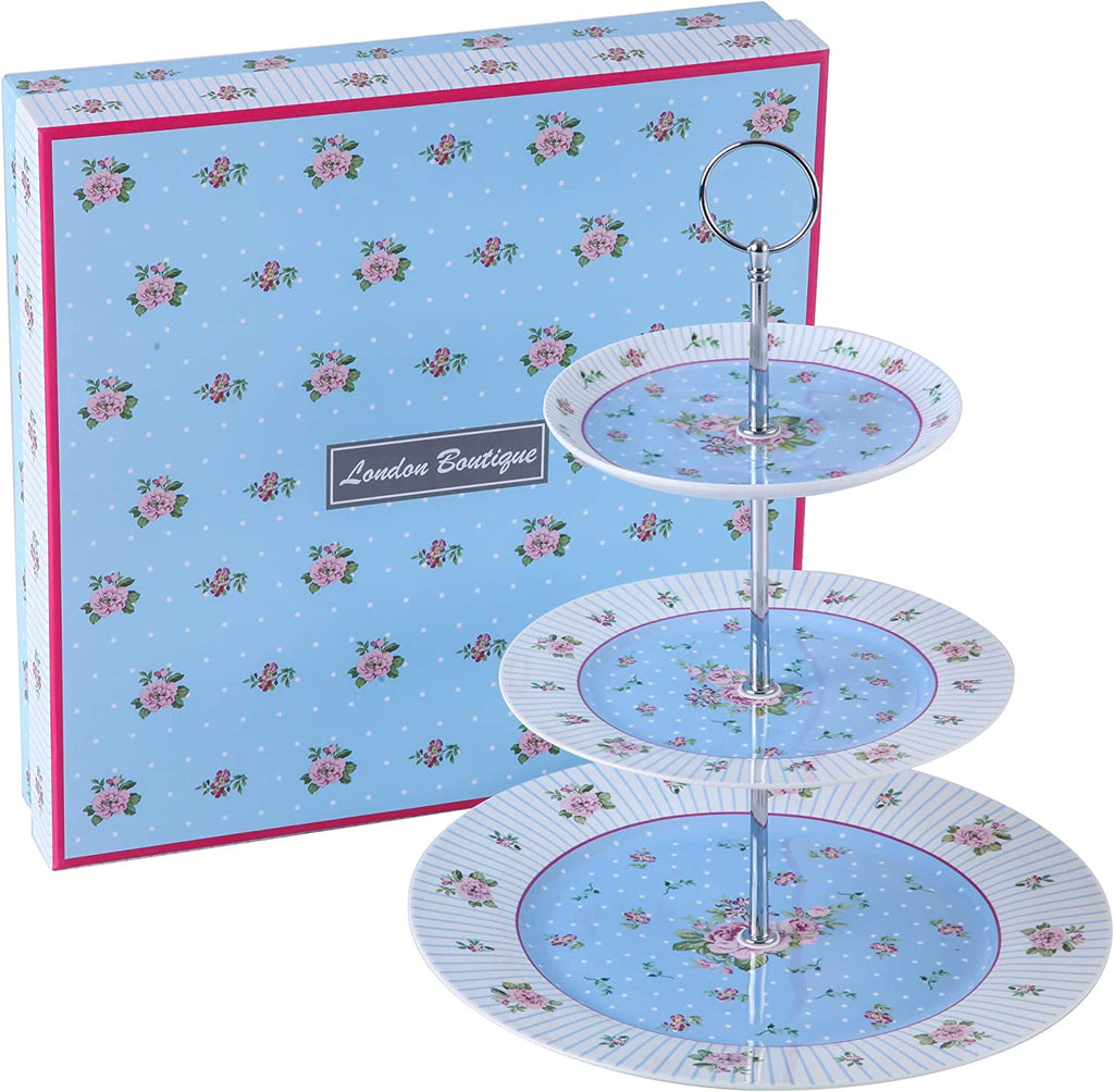 Mothers Day CoronationFamily Party Set Special 3 Tier Cake Stand Teapot Milk Jug 2 Cups 2 Saucers (Blue/ Pink)