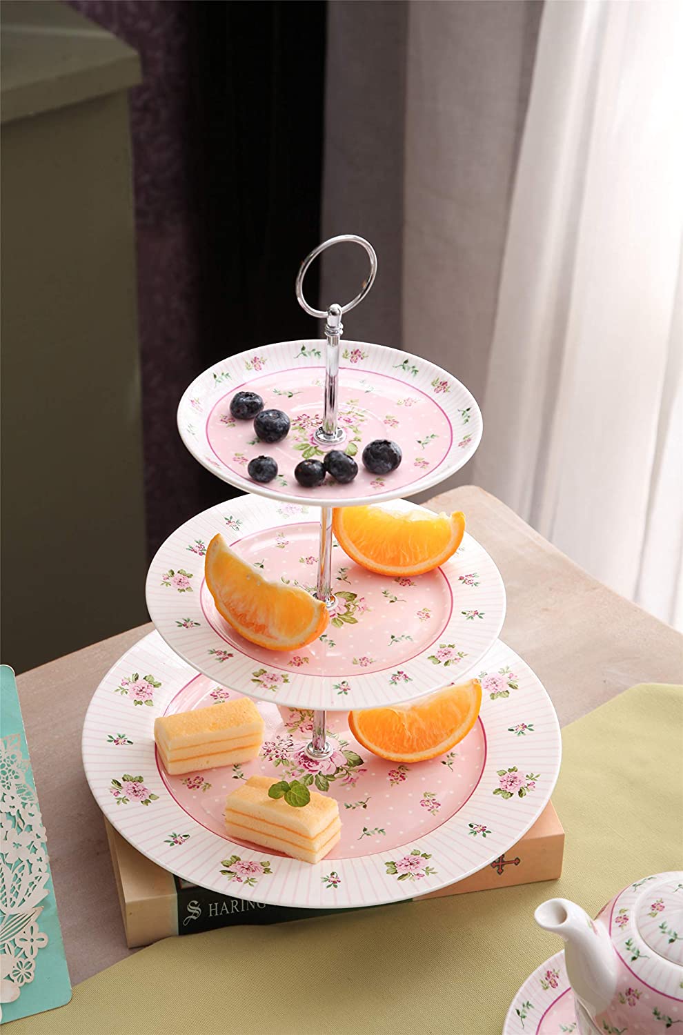 Mothers Day CoronationFamily Party Set Special 3 Tier Cake Stand Teapot Milk Jug 2 Cups 2 Saucers (Blue/ Pink)