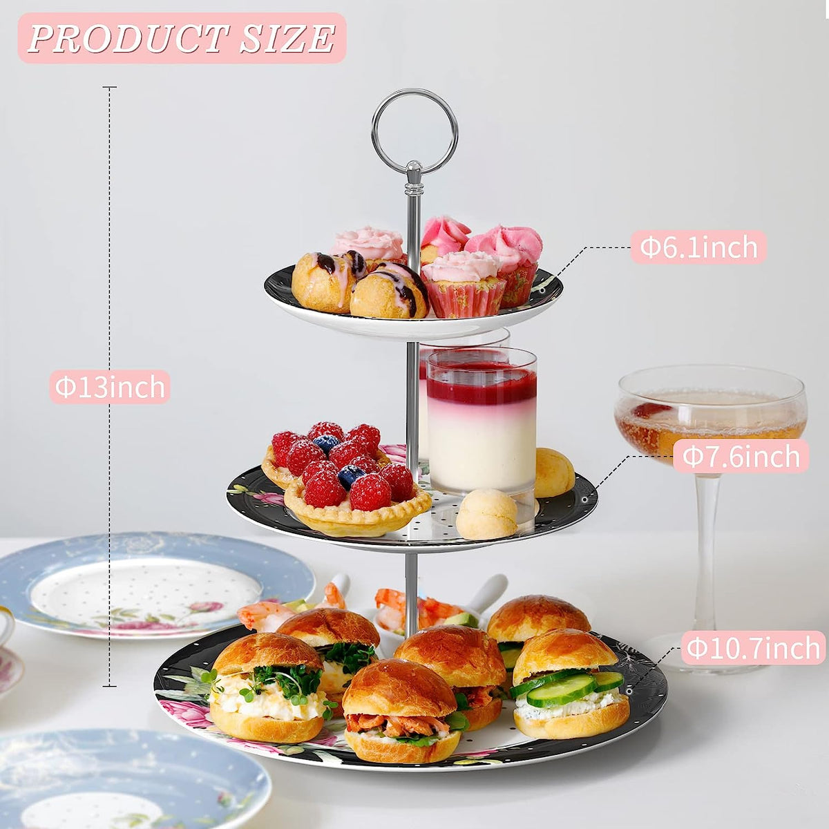 Mothers Day Coronation Party Afternoon Tea Coffee Cake Set with- 3 Tier Cake Stands 2 Cups 2 Saucers 4 Plate (Black
