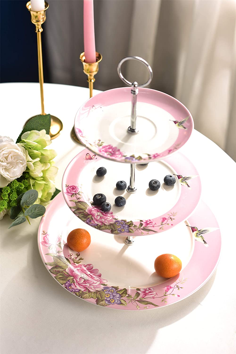 London Boutique 3 Tiered Cake Stands Afternoon tea Porcelain Bird Rose Butterfly in gift box (Pink)
