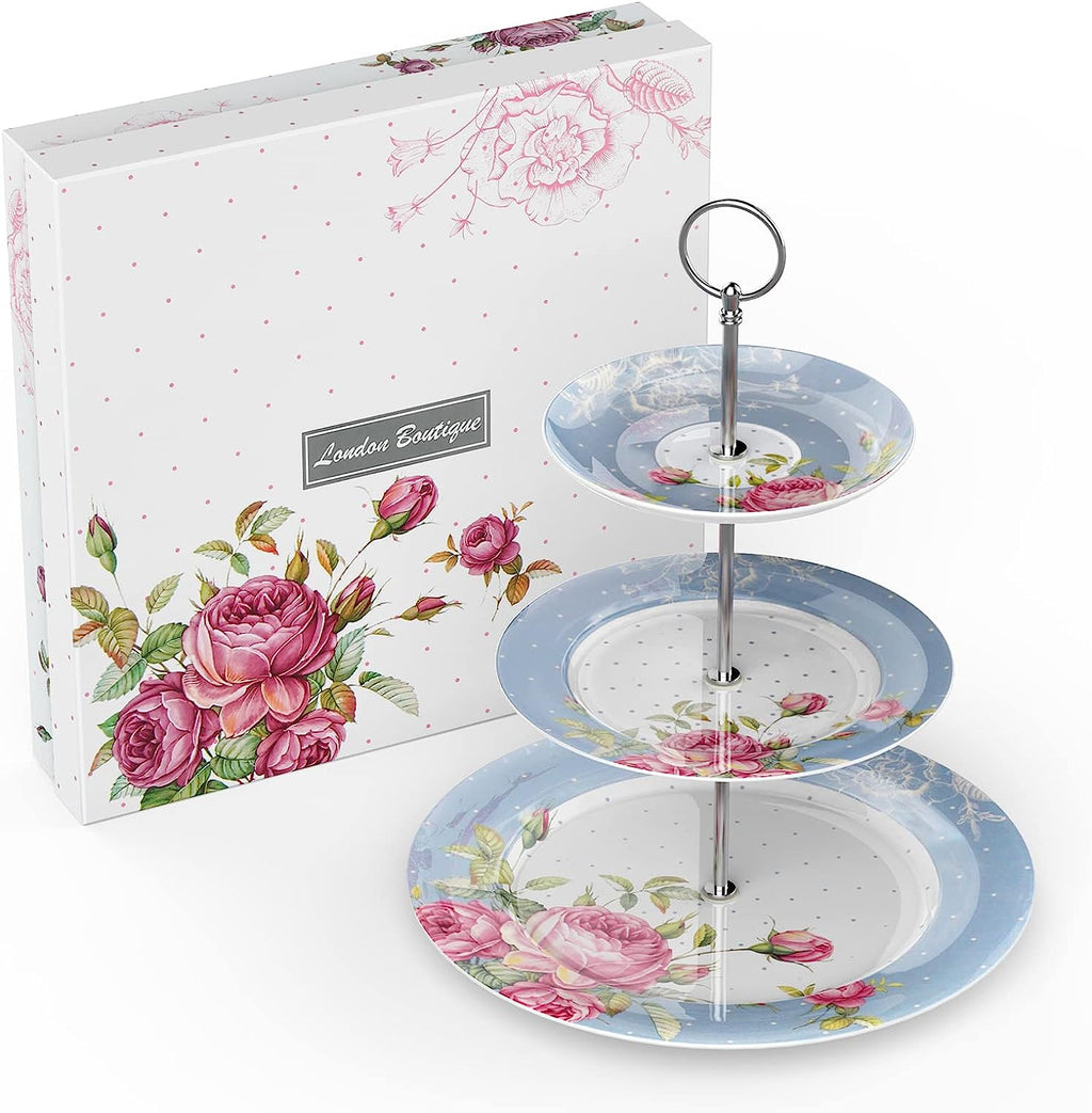 Mothers Day Coronation PartyAfternoon Tea Coffee Cake Set with- 3 Tier Cake Stands 2 Cups 2 Saucers 4 Plates (Blue)