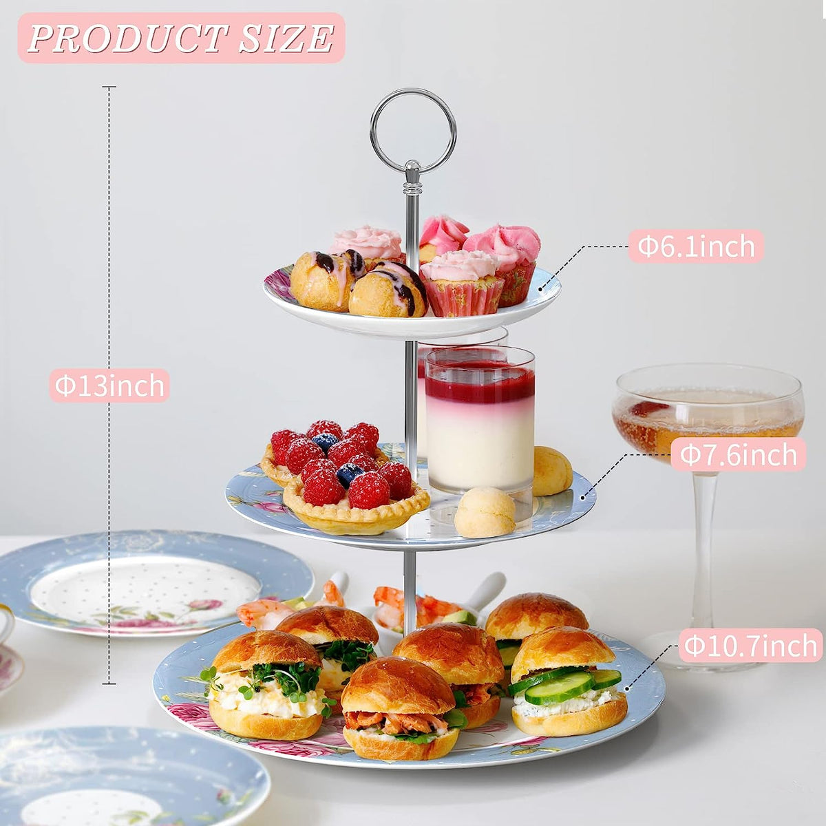 Mothers Day Coronation PartyAfternoon Tea Coffee Cake Set with- 3 Tier Cake Stands 2 Cups 2 Saucers 4 Plates (Blue)