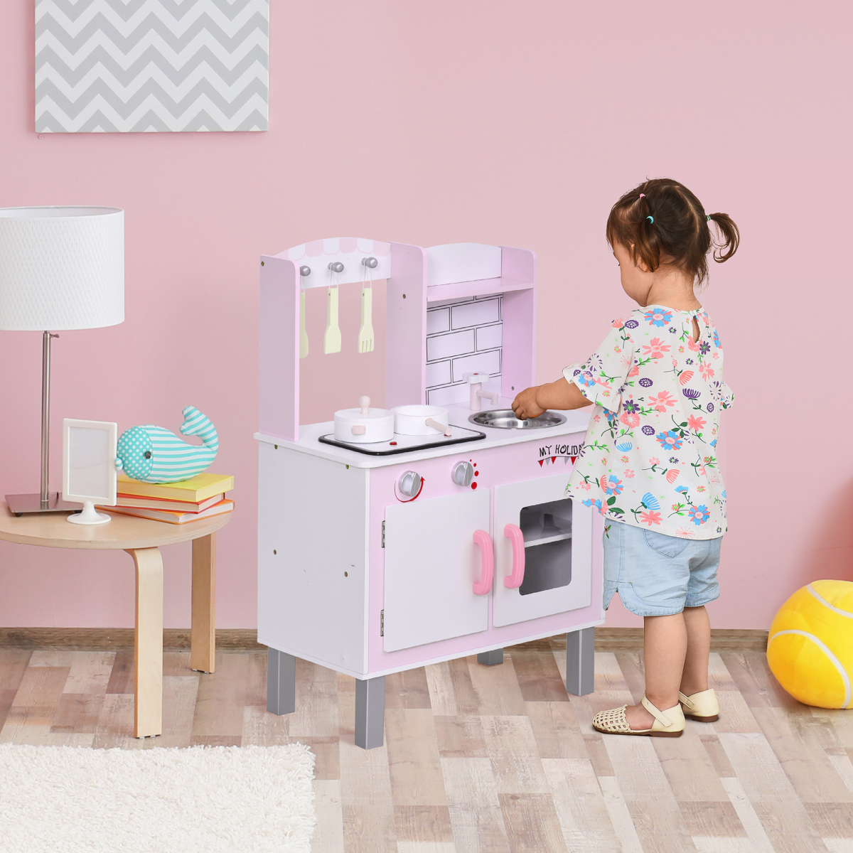 Kids Kitchen Play Set Sounds Utensils Pans Storage Child Role Play