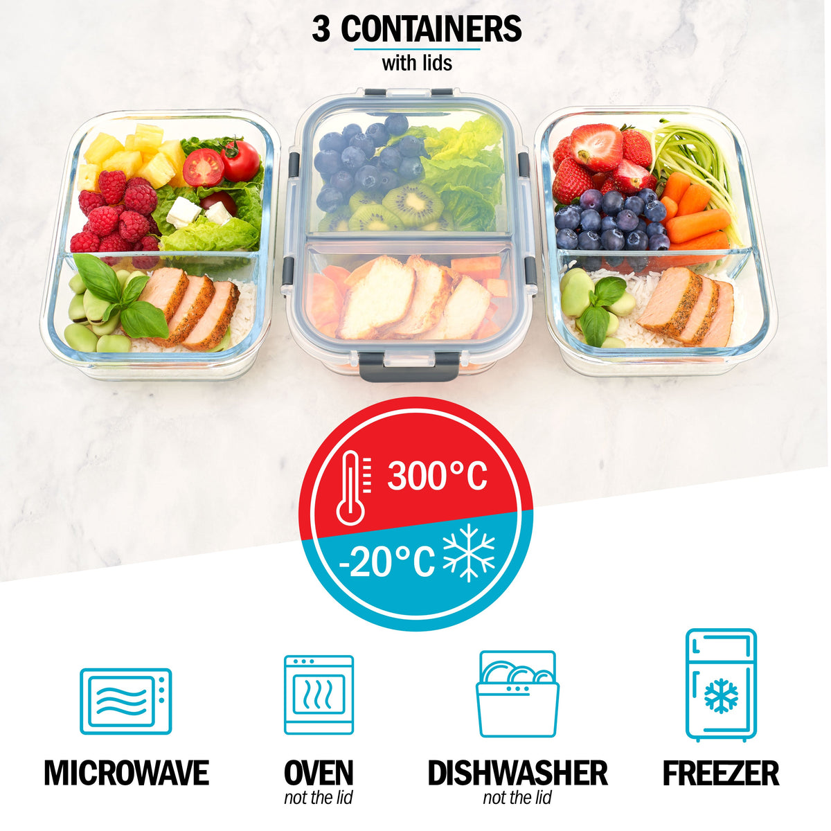 2-Compartment Glass Container with Airtight Lids - 980ml - 3 PACK