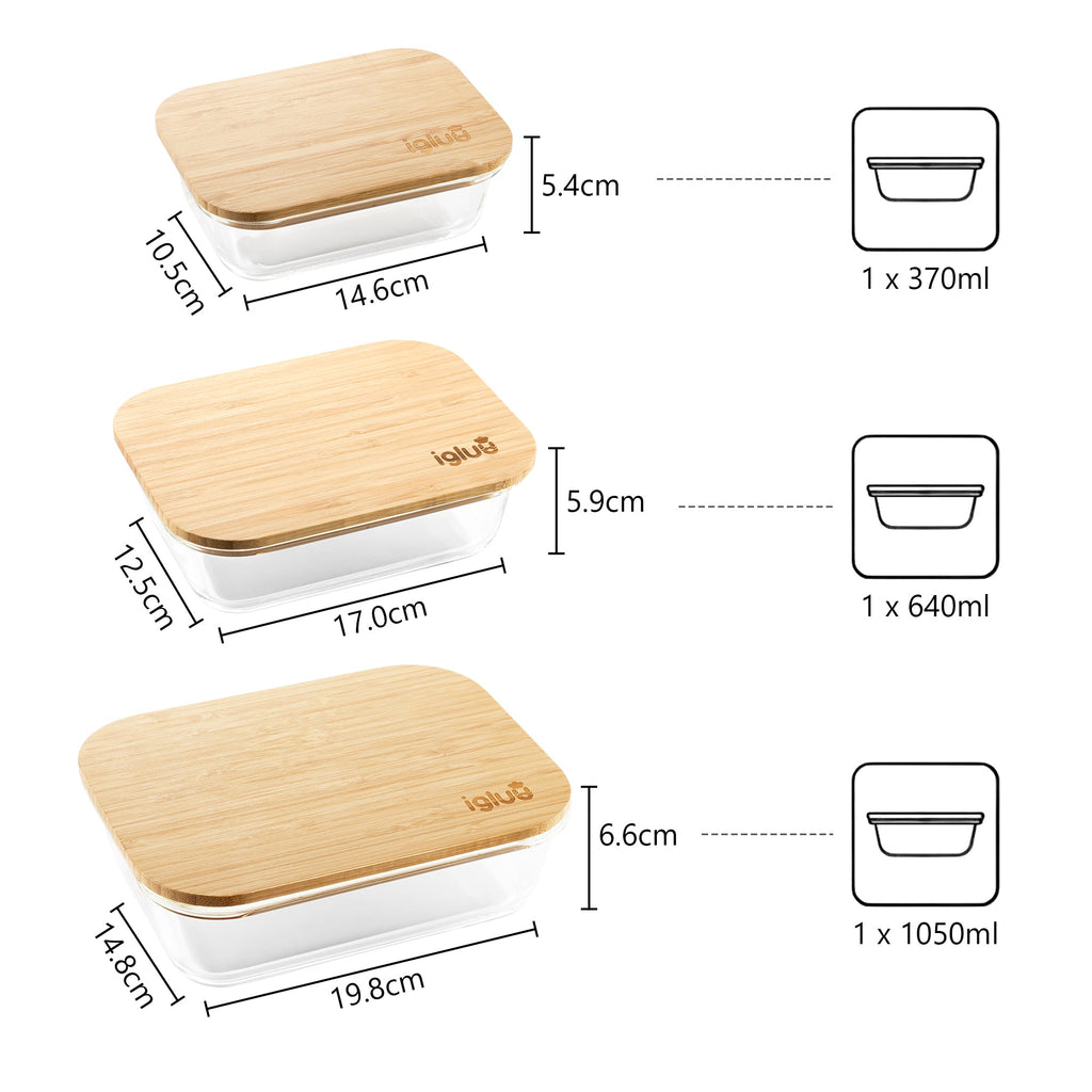 Glass Containers with Bamboo Lids - Assorted sizes - 3 PACK