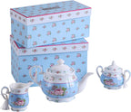 Tea Coffee Family Set for Mothers Day Coronation Party- 3 Tier Cake Stand, Teapot, Milk Jug, Sugar Bowl, 4 Plates, 4 Cups/ 4 Saucers (Blue)