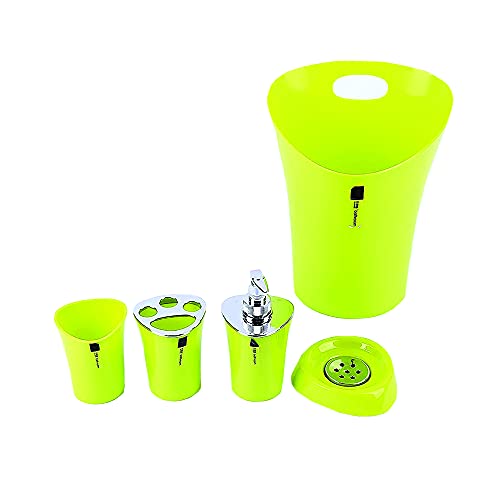 London Boutique Bathroom Accessories 5 piece Set Colour Matching Bin Soap Dish Soap Dispenser Toothbrush Holder Tumbler (Green)