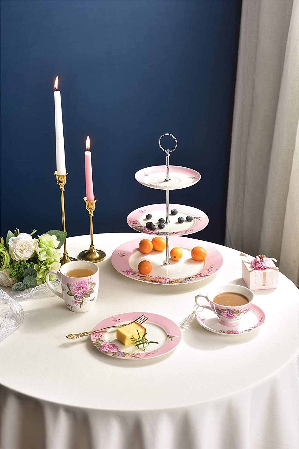London Boutique 3 Tiered Cake Stands Afternoon tea Porcelain Bird Rose Butterfly in gift box (Pink)
