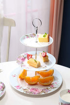 London Boutique 3 Tiered Cake Stands Afternoon tea Porcelain Bird Rose Butterfly in gift box (Blue)