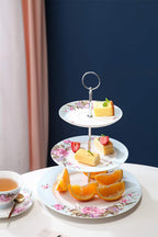 London Boutique 3 Tiered Cake Stands Afternoon tea Porcelain Bird Rose Butterfly in gift box (Blue)