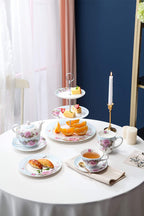 London Boutique 3 Tiered Cake Stands Afternoon tea Porcelain Bird Rose Butterfly in gift box (Blue)