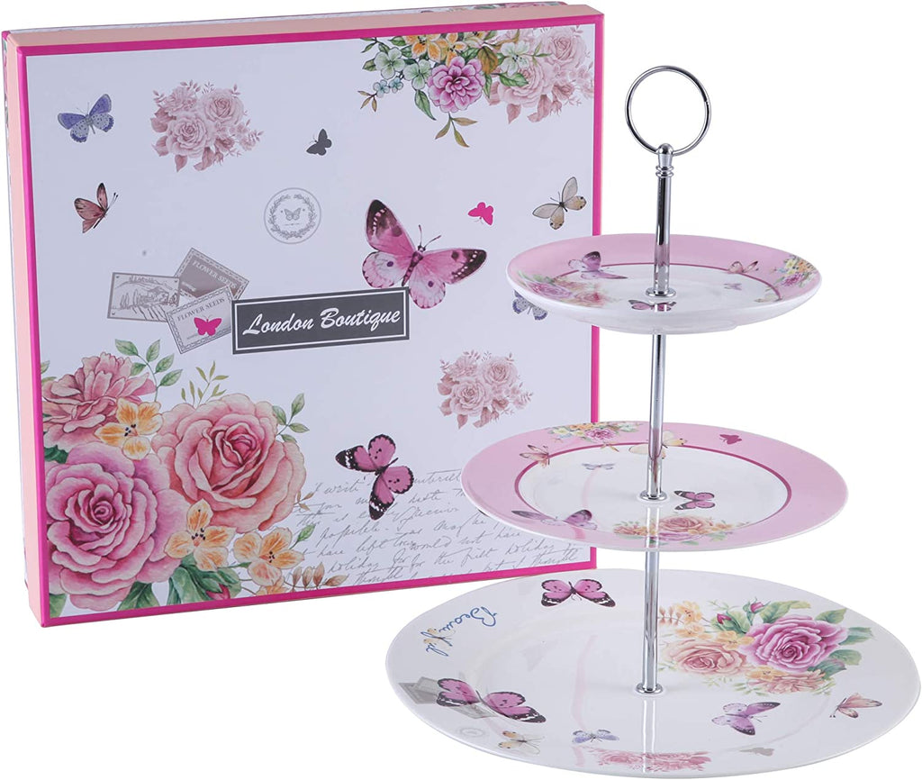 London Boutique 3 Tiered Cake Stands Afternoon tea Porcelain Shabby Chic Butterfly in gift box