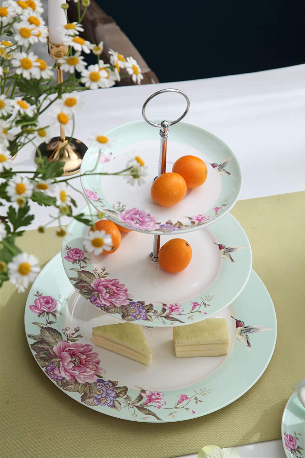 London Boutique 3 Tiered Cake Stands Afternoon tea Porcelain Bird Rose Butterfly in gift box (Turquoise)