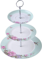 London Boutique 3 Tiered Cake Stands Afternoon tea Porcelain Bird Rose Butterfly in gift box (Turquoise)