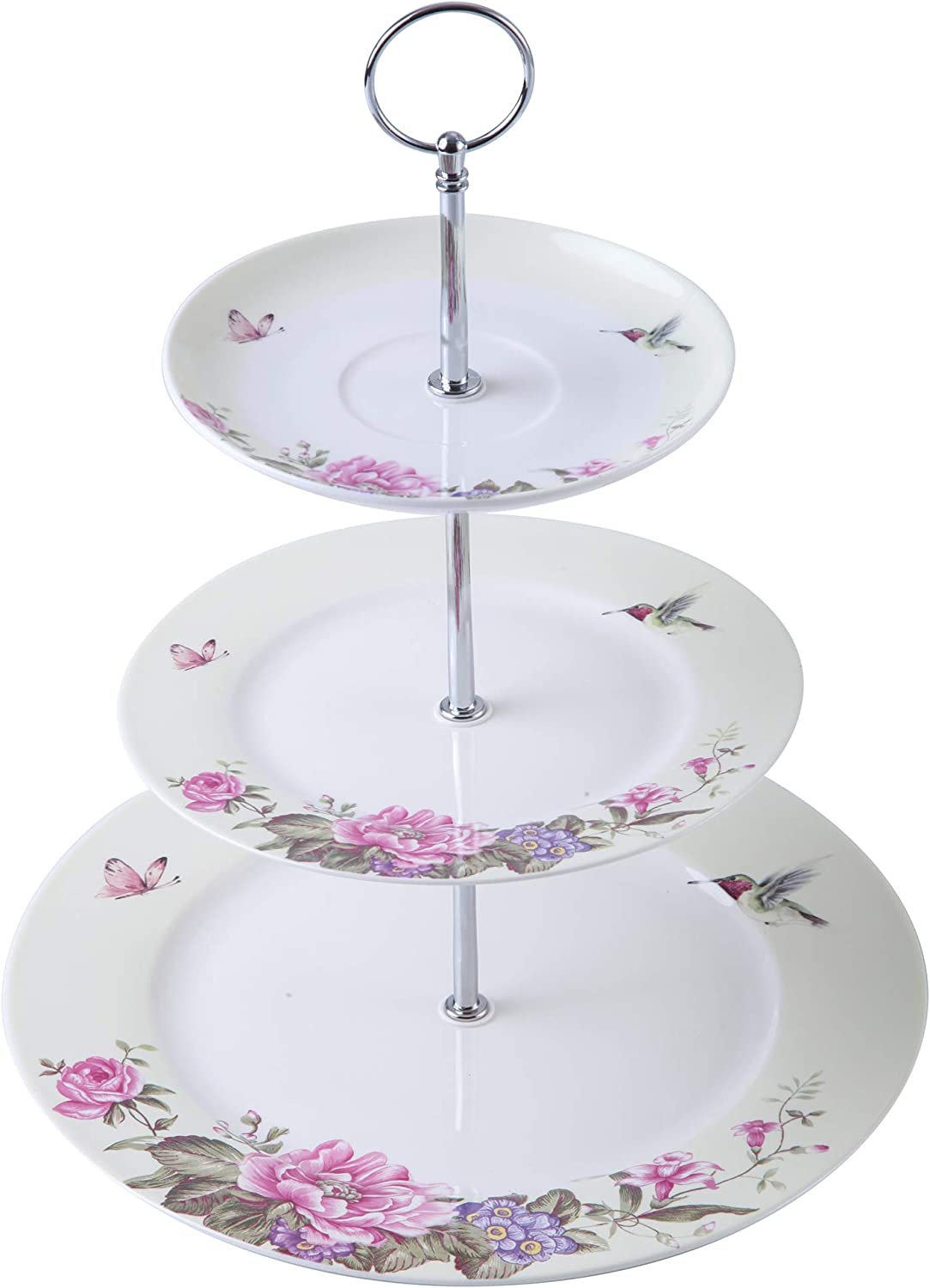 London Boutique 3 Tiered Cake Stands Afternoon tea Porcelain Bird Rose Butterfly in gift box (Beige)