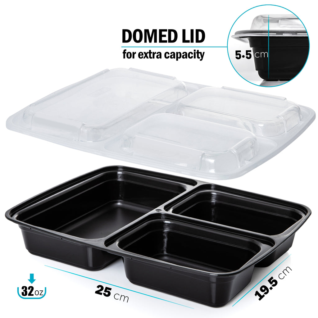 3-Compartment Reusable Containers with Airtight Lids - 946ml
