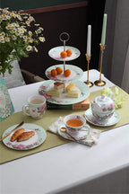 London Boutique 3 Tiered Cake Stands Afternoon tea Porcelain Bird Rose Butterfly in gift box (Turquoise)