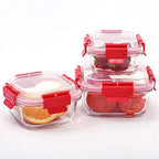London Boutique Food Storage Container Lunch Box Premium Glass Smart Lock Lids Air Tight BPA Free Leaking Proof Set 3 Square and Rectangular (Red Square)