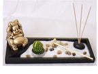 London Boutique Zen Garden laughing Buddha Ornament Statue Candle Holders Natural Stone Rattan Incense rake Gift Set (Laughing Buddha HY198)