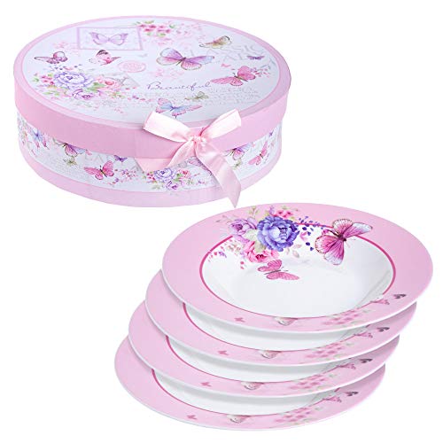 Porcelain Fine China Soup Pasta Bowls Wide Rimmed Set 4 Gift Box 9 inch 23cm (Butterflies Rose)